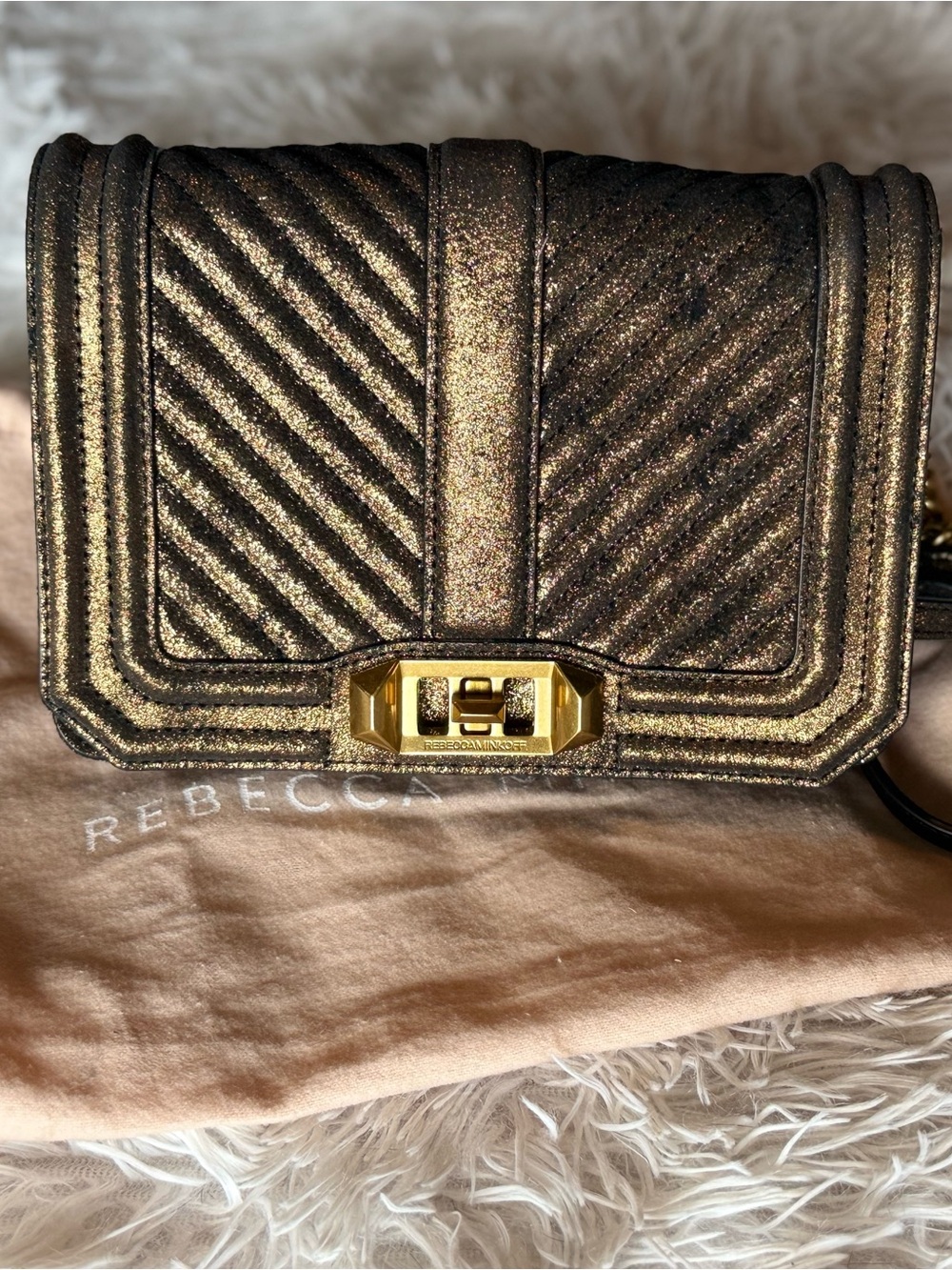 Rebecca Minkoff Glittery Gold Chevron Quilted Crossbody